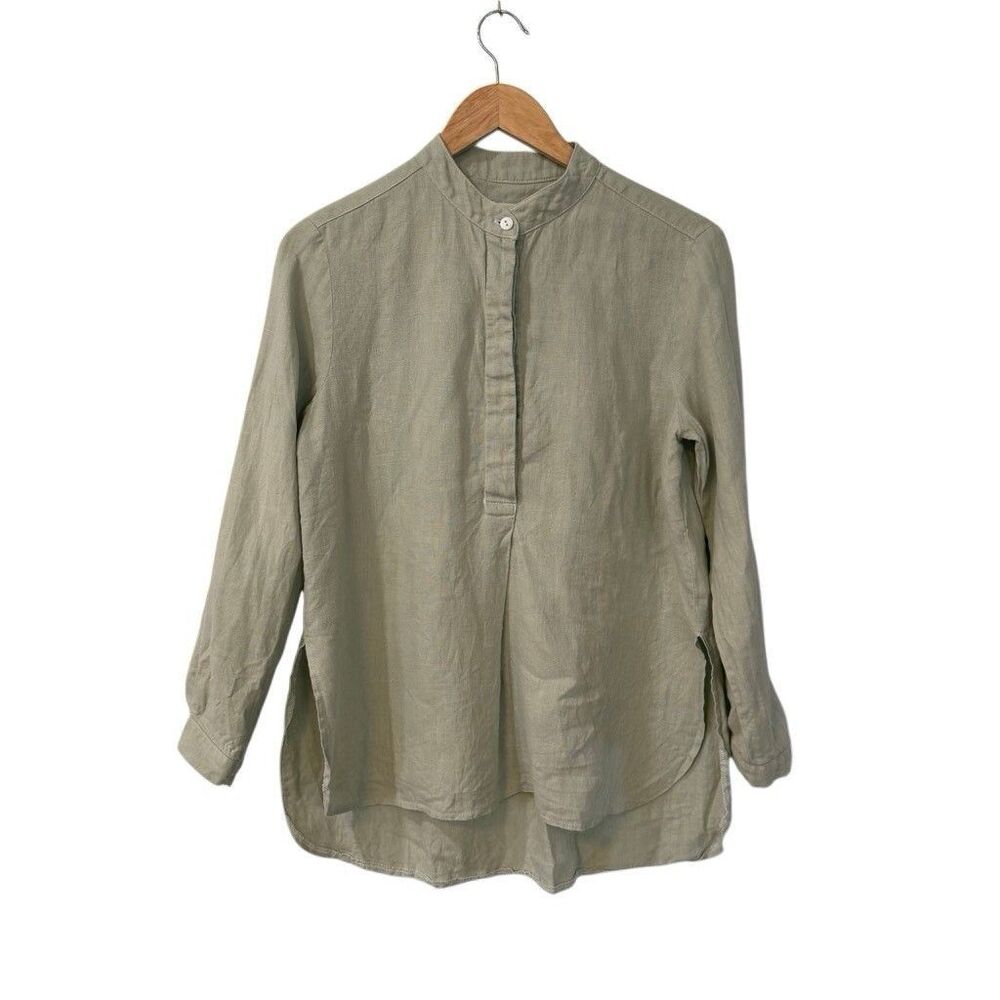 Offon Womens Shirt White Size M Linen Double Front Pockets Long Sleeve Button Up